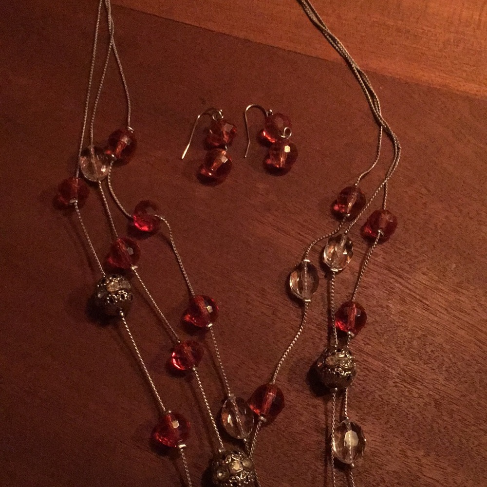 Charming Charlie triple chain necklace in silver tone with red and silver beads